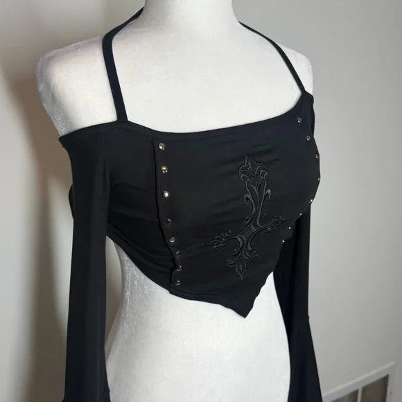 OOAK Katakomb bell sleeve mediaeval cross crop top - Picture 4 of 4